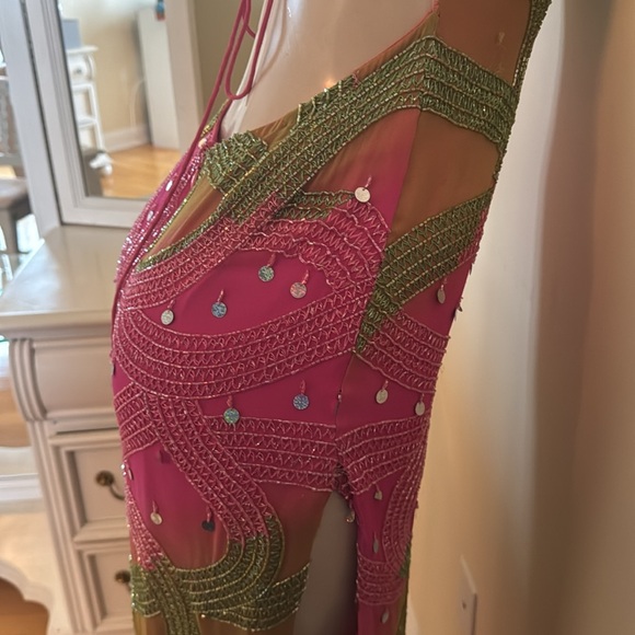 Neon Pink/Green Prom Dress Long Beaded Dress - Picture 11 of 15